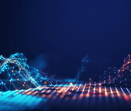 Abstract glowing network of connected dots and lines on a dark blue background, representing technology or data