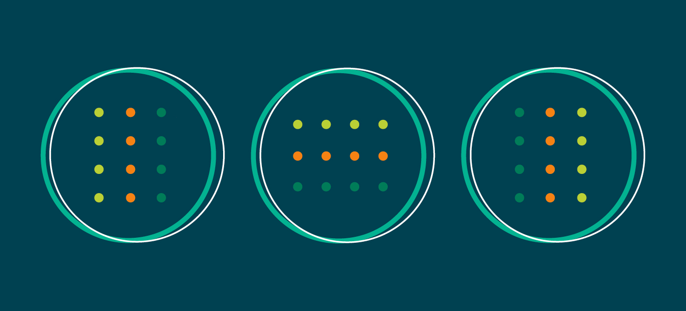 Three circles containing a grid of small multi-colored dots arranged in rows and columns with a dark teal background. 