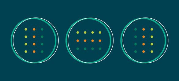 Three circles containing a grid of small multi-colored dots arranged in rows and columns with a dark teal background. 