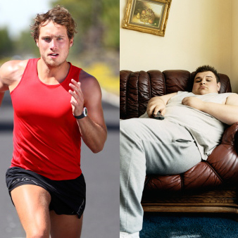 Side-by-side images: one of a male athlete running outdoors, and another of a man lying on a sofa, appearing relaxed.