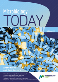 Cover of Microbiology Today magazine with rod shaped bacteria