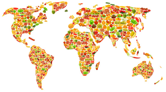 Variety of food drawings in the shape of a mappa mundi