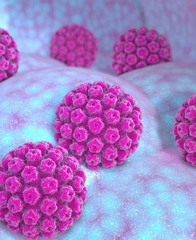 Microscopic image of multiple pink virus particles in a light blue background.