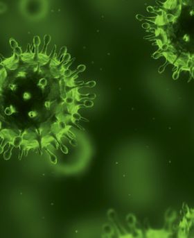 Journal of General Virology cover with multiple green virus particles.