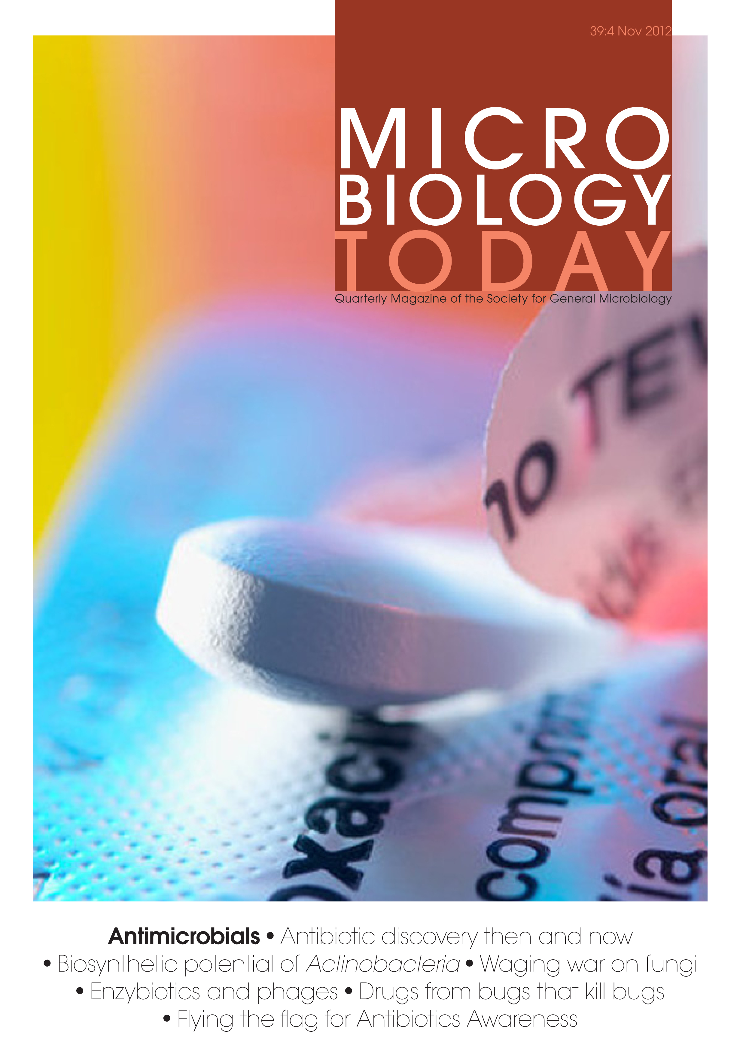 Microbiology Today front cover with colourful photo of text.
