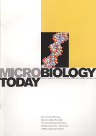Microbiology Today front cover with illustration of DNA structure.