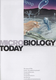 Microbiology Today front cover with animation of microbes living on earth.