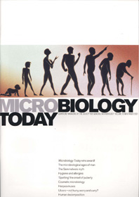 Microbiology Today front cover with illustration of different stages of life in a timeline.