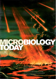 Microbiology Today front cover with a volcano and meteorite shower.
