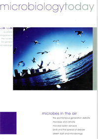 Microbiology Today front cover with birds flying over the sea.