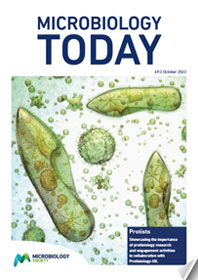 Microbiology Today front cover with multiple cells floating on a white backgroun.