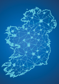 Blue outline of Ireland on a map with interconnecting lines.