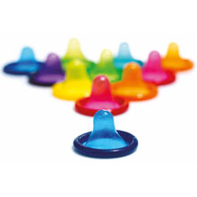 Multiple different coloured condoms.