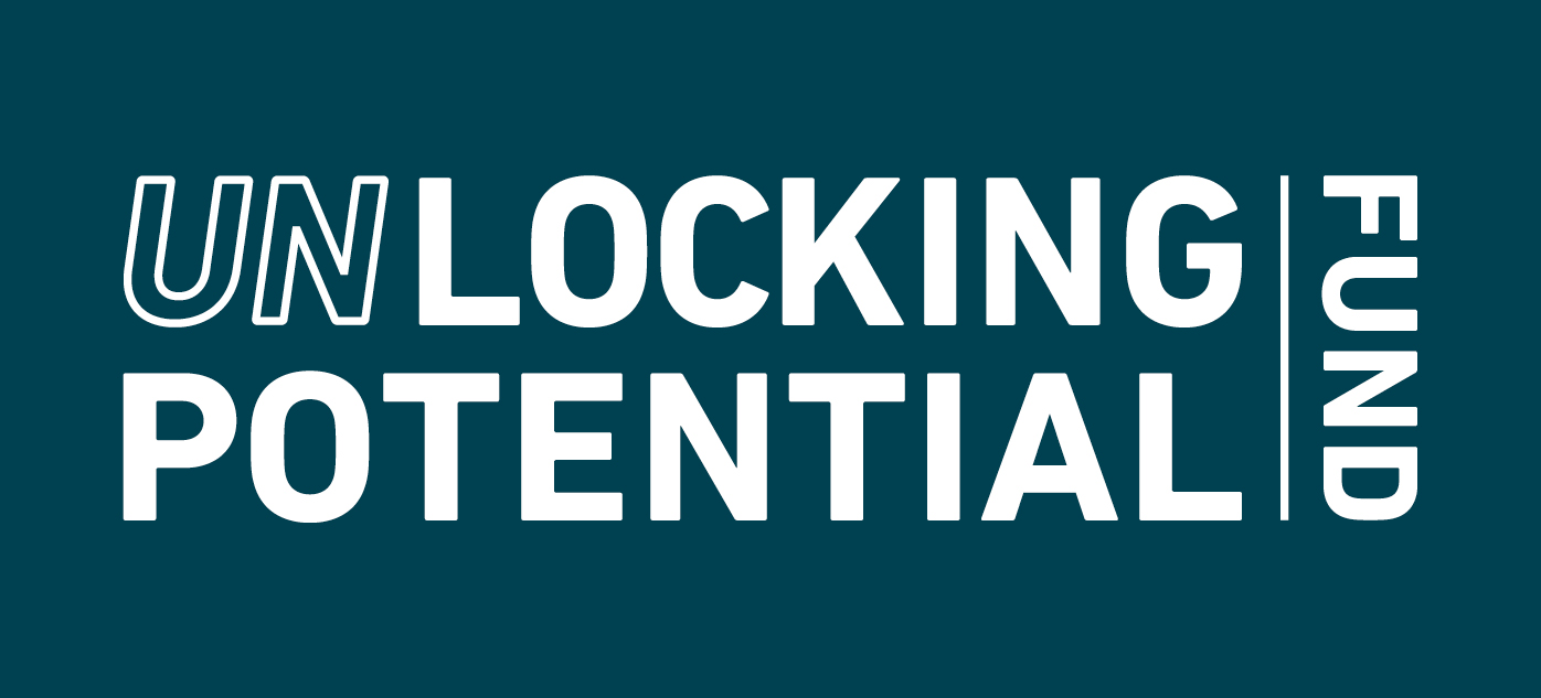 Navy blue banner with text reading: "Unlocking Potential Fund."