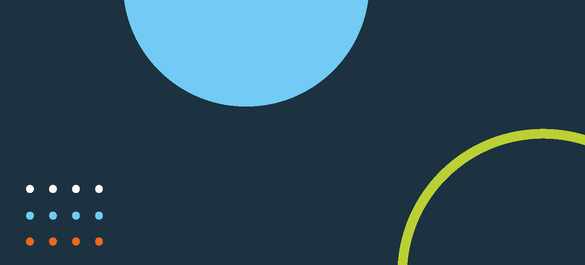 A navy banner cover with a small multi-coloured dots in bottom left corner, a light blue semi-circle and green arch in the bottom right.